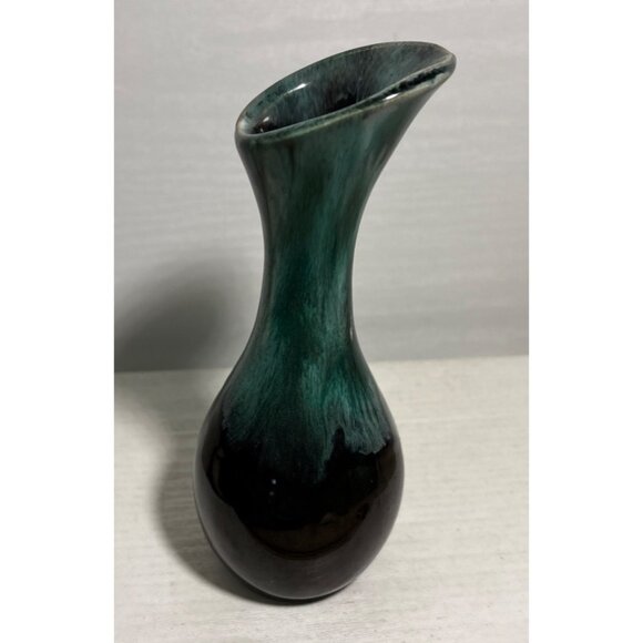 Canadian Pottery Bud Vase Slant Cut Bulb 6.5" Light Teal Black Drip Glaze MCM - Picture 4 of 8